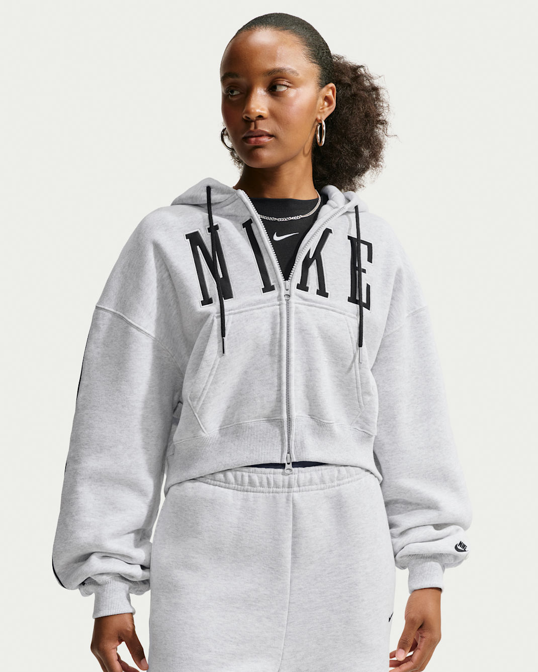 Sudadera con gorro cropped oversized de cierre completo para mujer Nike Studio Fleece Medium Weight - Abedul jaspeado/Negro/Negro