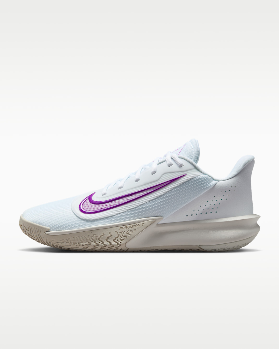 Tenis de básquetbol Nike Precision 7 - Blanco/Marrón verdoso claro/Fantasma/Morado vivo
