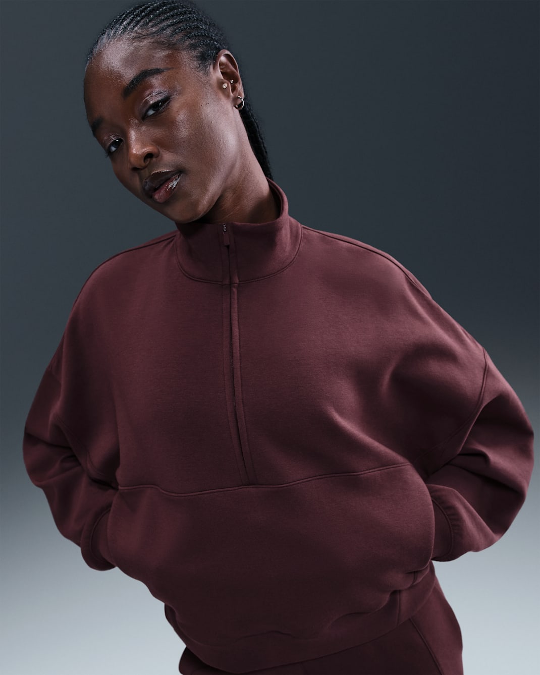 Playera Dri-FIT oversized de medio cierre para mujer Nike 24.7 ImpossiblySoft - Burdeos enérgico/Burdeos ceniza