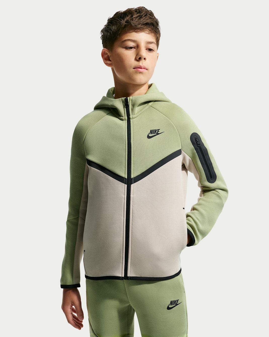 Nike Sportswear Tech Fleece Big Kids' Full-Zip Hoodie - Dusty Olive/Cream II/Black/Black