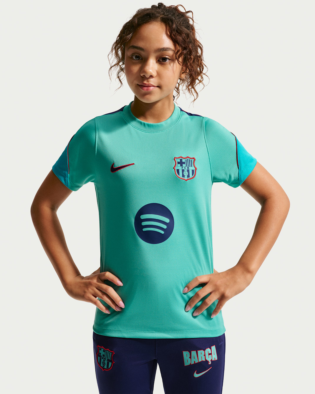 Maglia a manica corta Dri-FIT Nike Football FC Barcelona Strike per ragazzo/a – Terza - Green Frost/Dusty Cactus/Loyal Blue/Loyal Blue