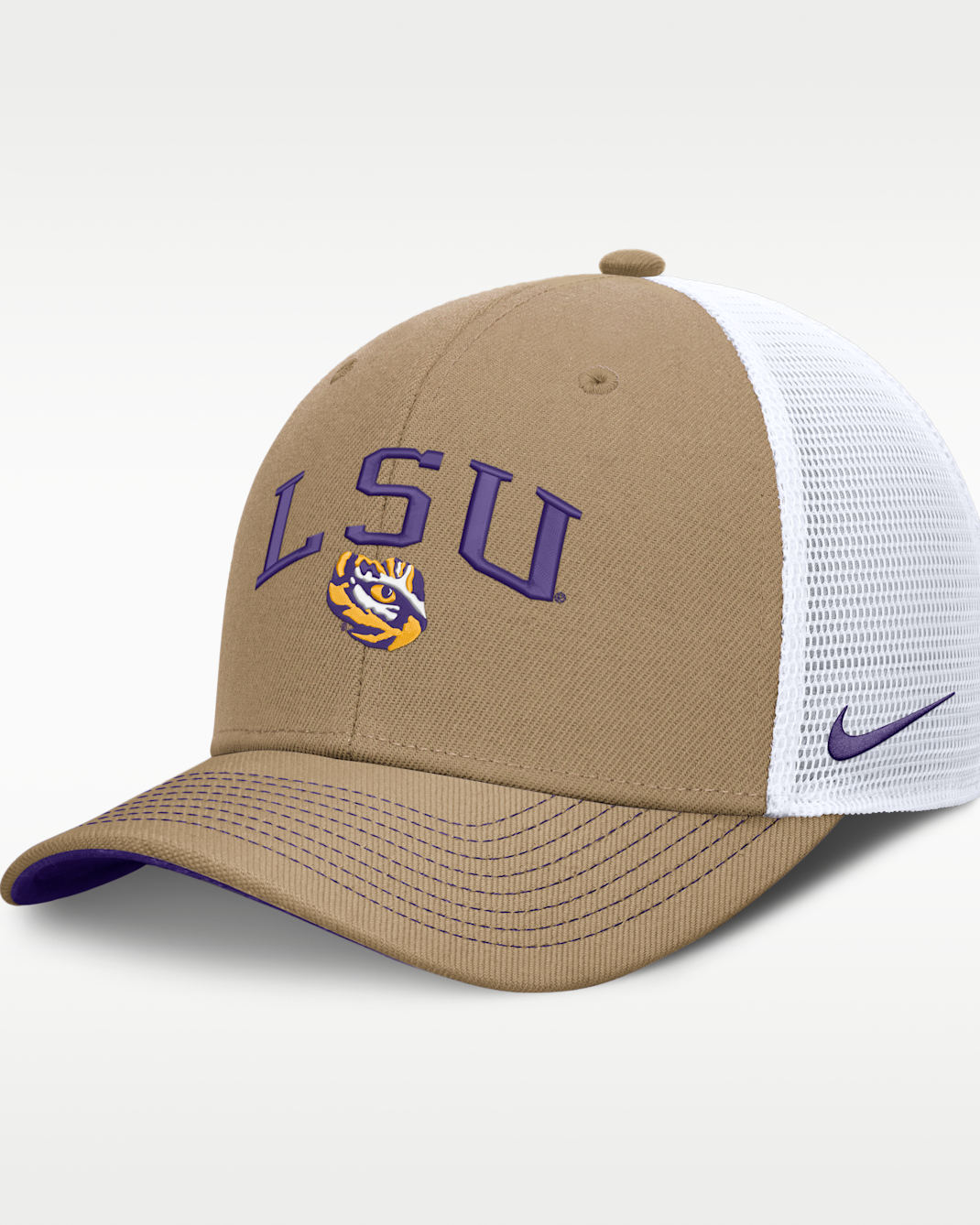 LSU Primetime Arched Men's Nike Dri-FIT College Trucker Adjustable Hat - Classic Beige/Purple