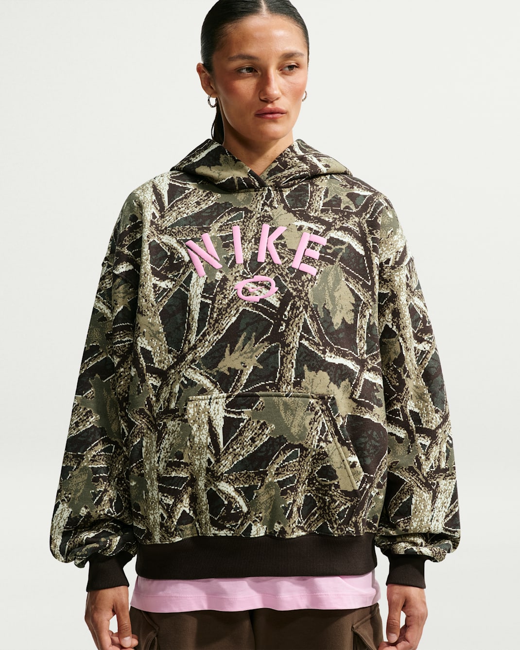 Nike Studio Fleece Medium Weight Women's Oversized Pullover Hoodie - Camo Green/Pink Rise