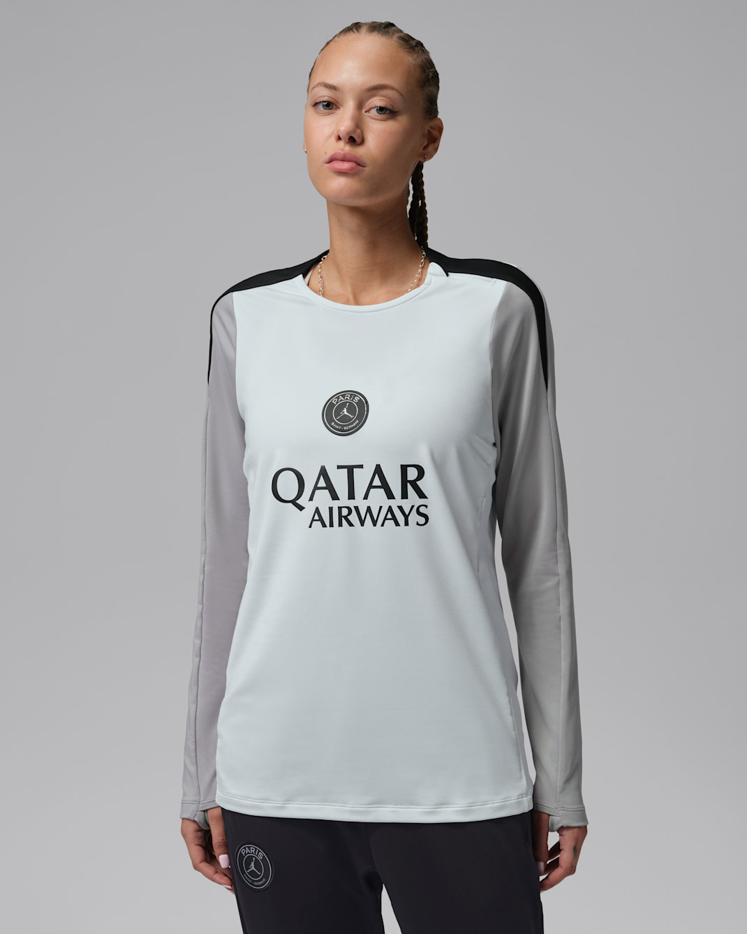 Paris Saint-Germain Strike Night Edition Jordan Dri-FIT strikket fotballoverdel med rund hals til dame - Hvit/Atmosphere Grey/Svart/Svart