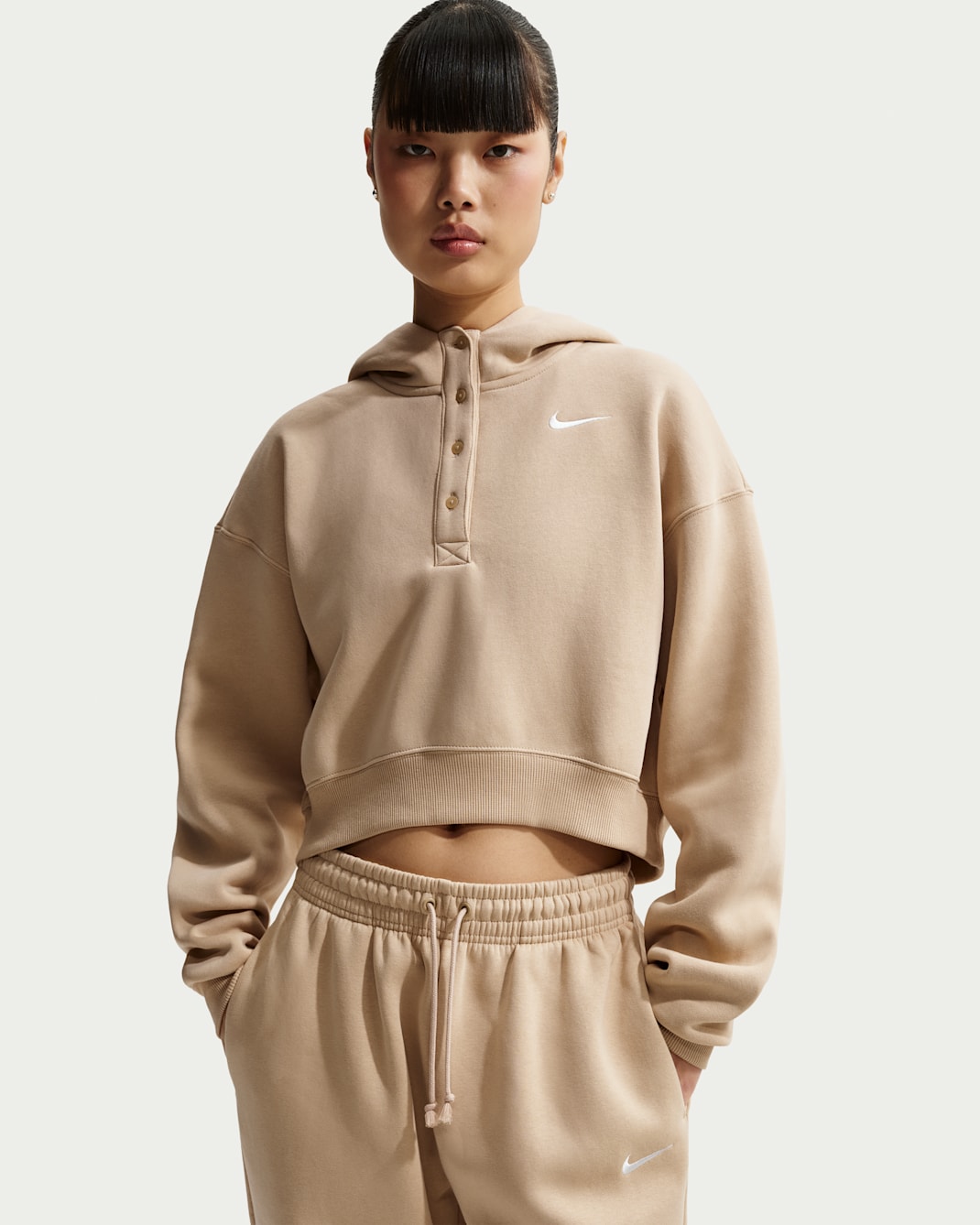 Nike Sportswear Phoenix Fleece Bol Kesim Crop Henley Kapüşonlu Kadın Üstü - Linen/Sail