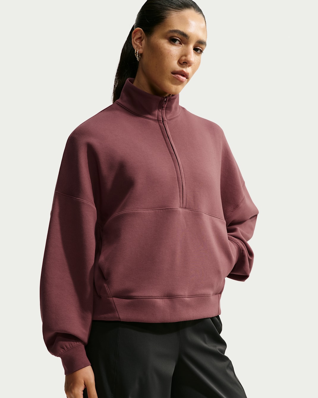 Nike 24.7 ImpossiblySoft Women's Dri-FIT Oversized 1/2-Zip Top - Light Boulder/Burgundy Crush