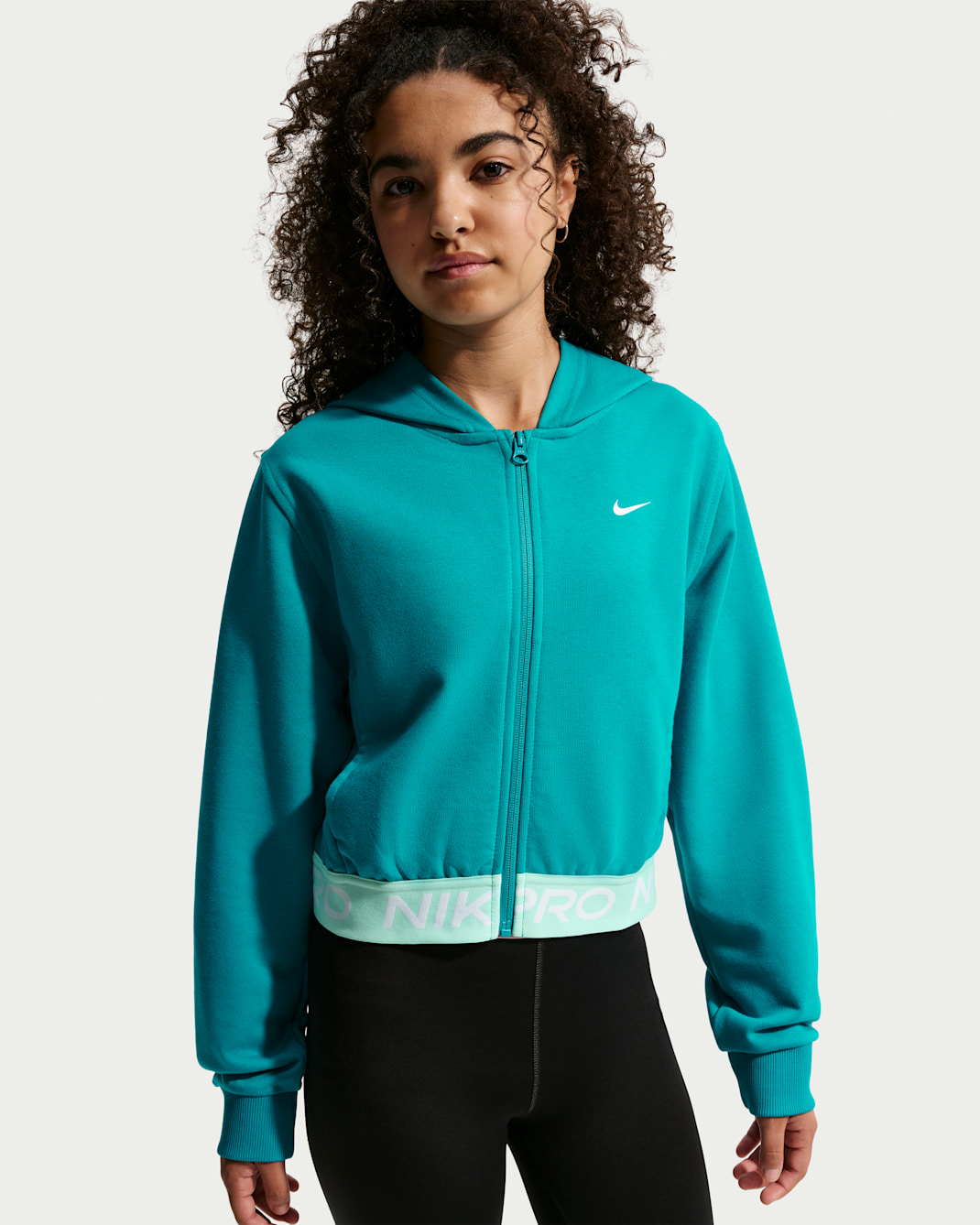 Huvtröja med hel dragkedja Nike Pro Fleece Dri-FIT för ungdom (tjejer) - Energy/Energy/Arctic Green/Vit