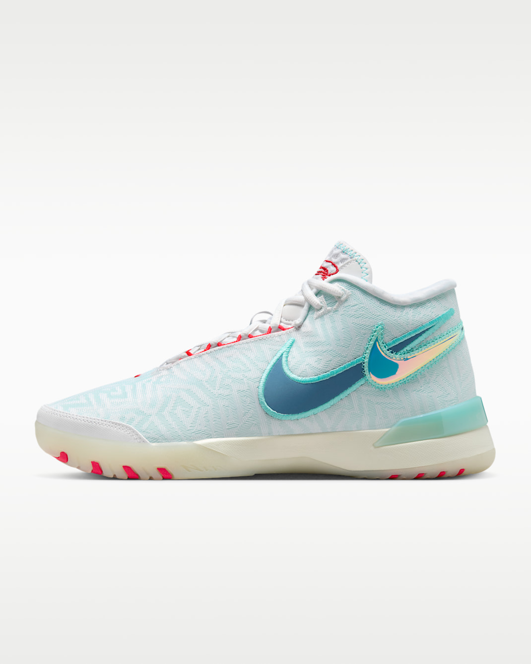 Tenis de básquetbol LeBron NXXT Genisus - Blanco/Verde aurora/Rojo sirena/Tormenta del Egeo