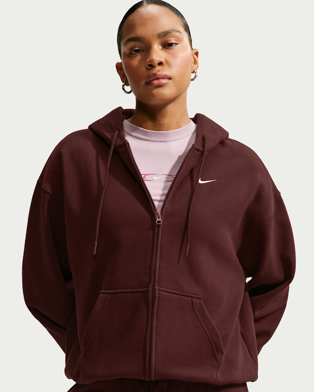 Mellomtykk Nike Studio Fleece-hettejakke i overdimensjonert passform med glidelås i full lengde til dame - Mystic Dates/Sail