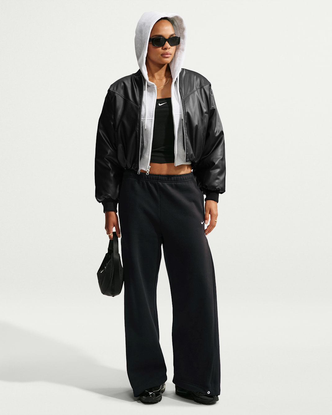 Nike Studio Fleece Medium Weight Women's Loose Pleated Snap Pants - Total Black/Sail