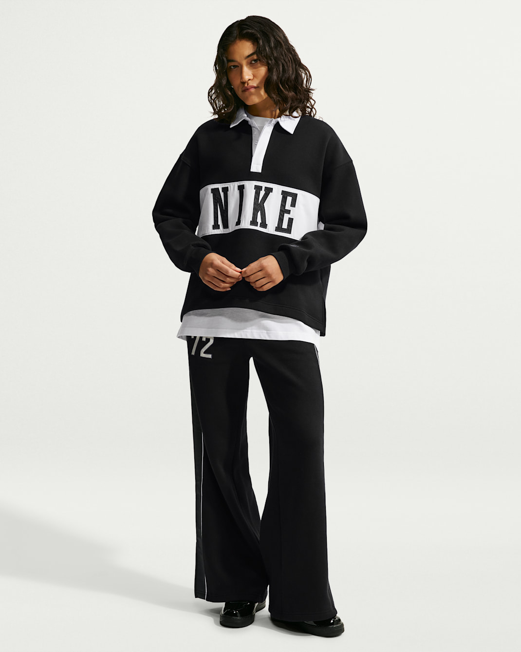 Nike Studio Fleece Medium Weight Women's Mid-Rise Wide-Leg Pants - Total Black/Sail