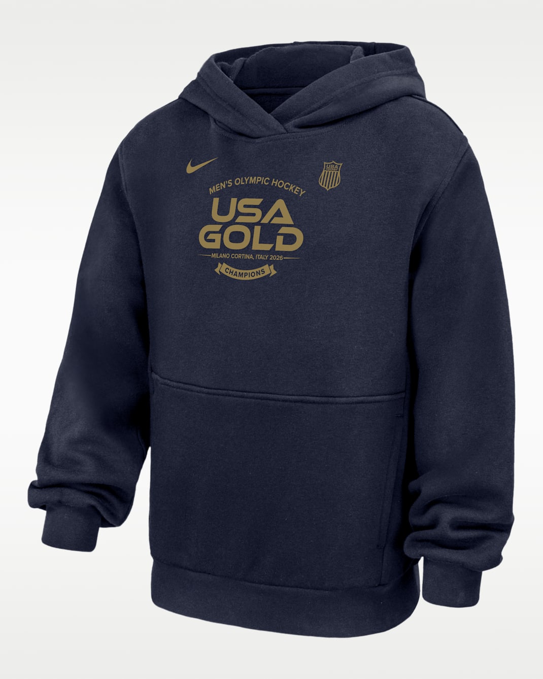 Sudadera con gorro de tejido Fleece para niños talla grande Nike USA Olympic Team 2026 "Gold Medal" Club - Azul marino/Oro