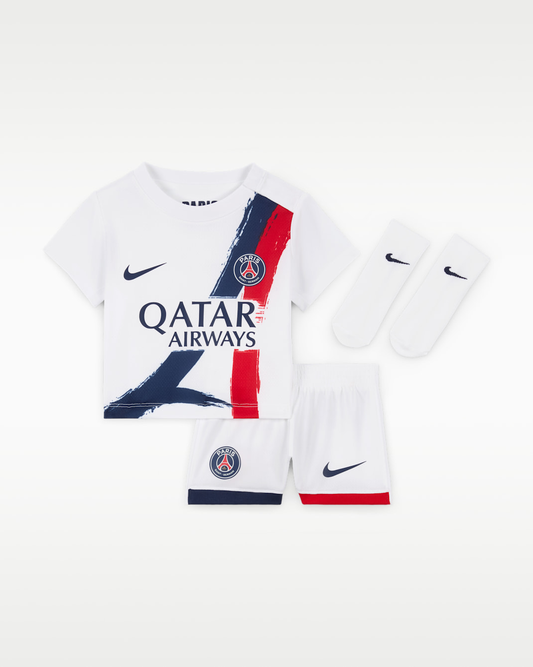 Paris-Saint Germain 2024 Stadium Away Baby/Toddler Nike Soccer Replica 3-Piece Kit - White/Midnight Navy/University Red/Midnight Navy