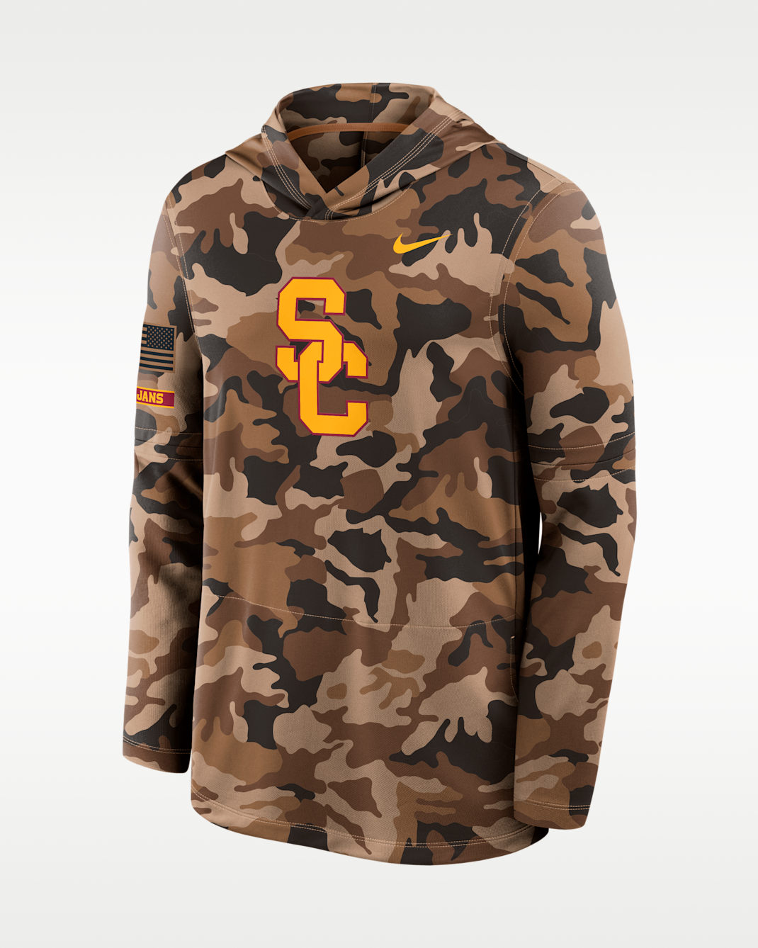 Playera de manga larga universitaria Nike Dri-FIT con gorro para hombre USC Military Appreciation - Camuflaje del desierto