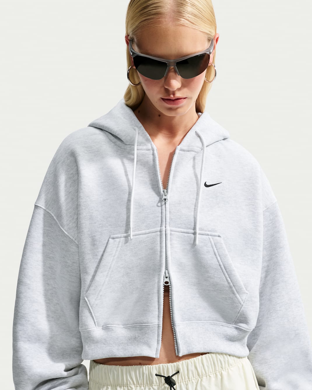 Nike Studio Fleece Medium Weight Women's Oversized Full-Zip Cropped Hoodie - Birch Heather/Black