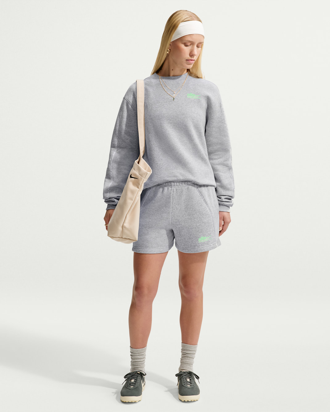Nike Studio Fleece Medium Weight "Graphic Pack" Women's Mid-Rise "Nike Athletic Department" Shorts - Grey Heather/Illusion Green