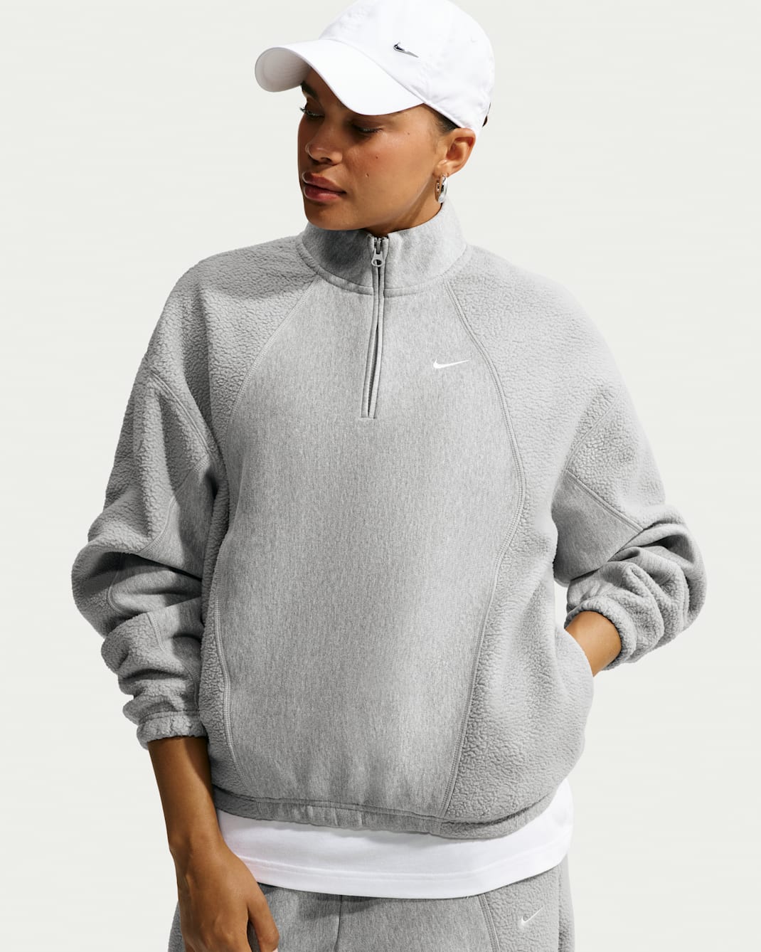 Sudadera oversized con cierre de 1/4 para mujer Nike Studio Fleece Heavyweight Plush - Gris oscuro jaspeado/Gris partícula/Vela