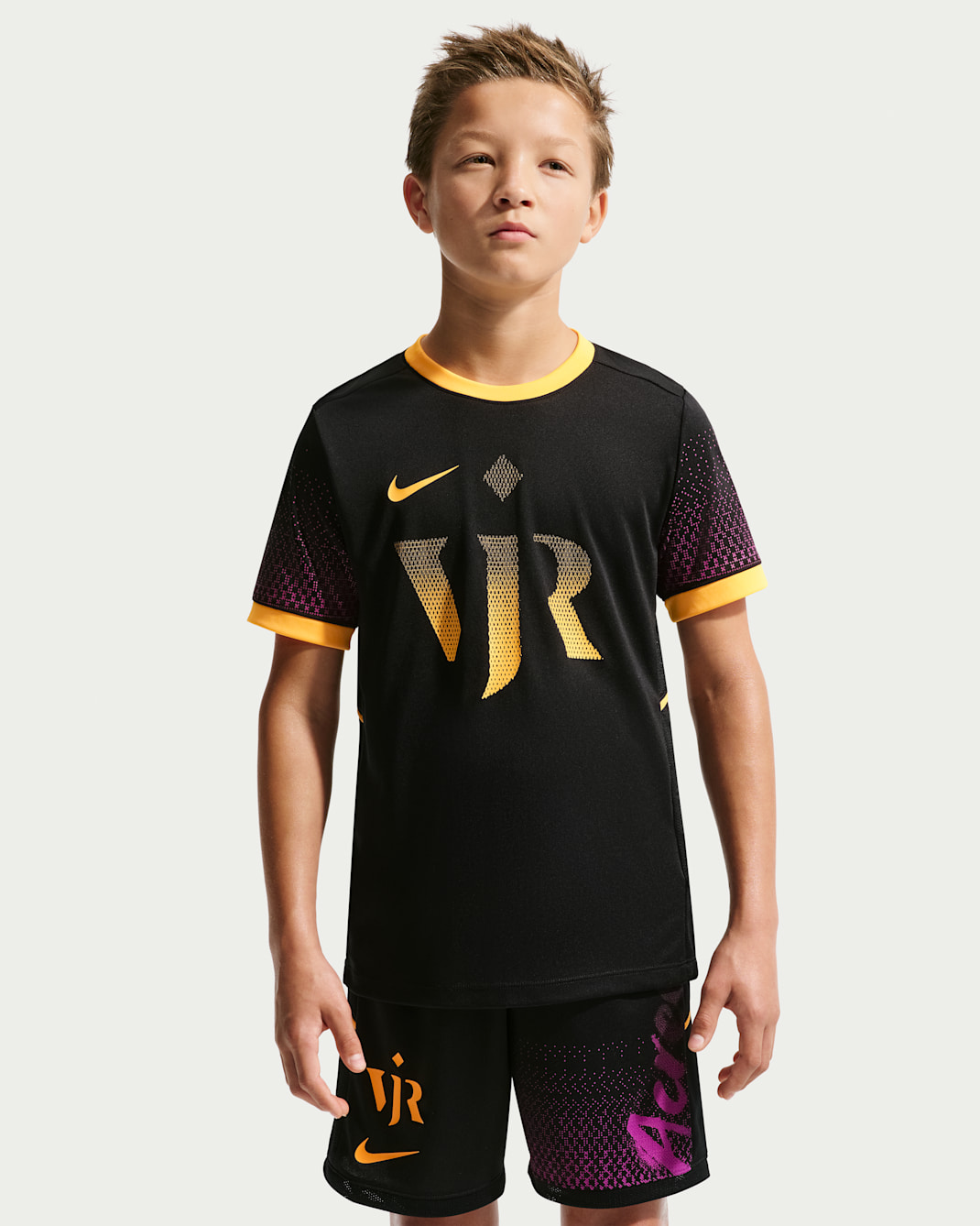 Vini Jr. Academy Big Kids' Nike Dri-FIT Short-Sleeve Soccer Top - Black/Laser Orange/Laser Orange