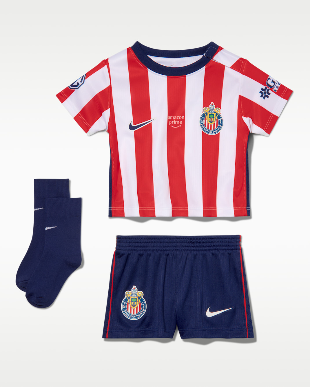 Conjunto de 3 piezas de futbol Nike Replica para bebé e infantil C.D. Guadalajara local Stadium 2026/27 - Blanco/Rojo velocidad/Azul fiel