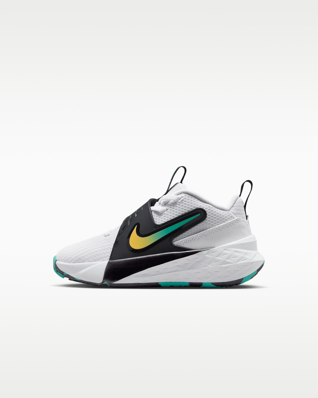 Nike Team Hustle D 12 Little Kids' Shoes - White/Black/Clear Emerald/Topaz Gold