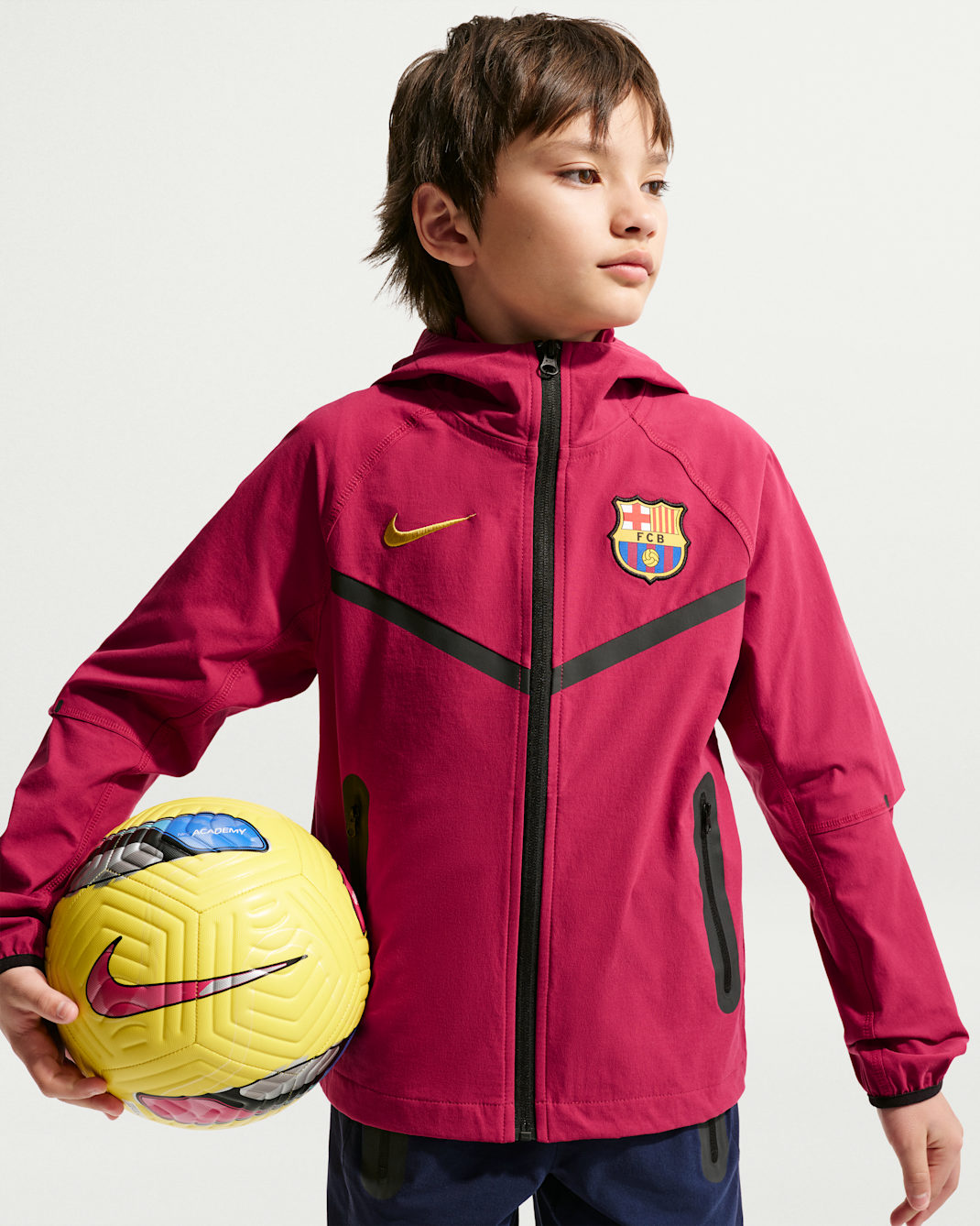 FC Barcelona Tech Big Kids' (Boys') Nike Soccer Full-Zip Jacket - Noble Red/Black/Mineral Yellow