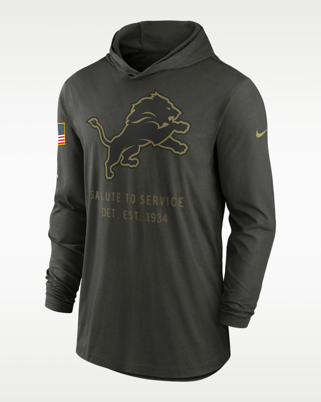 Playera de manga larga Nike Dri-FIT de la NFL con gorro para hombre Detroit Lions Salute to Service Sideline - Secuoya