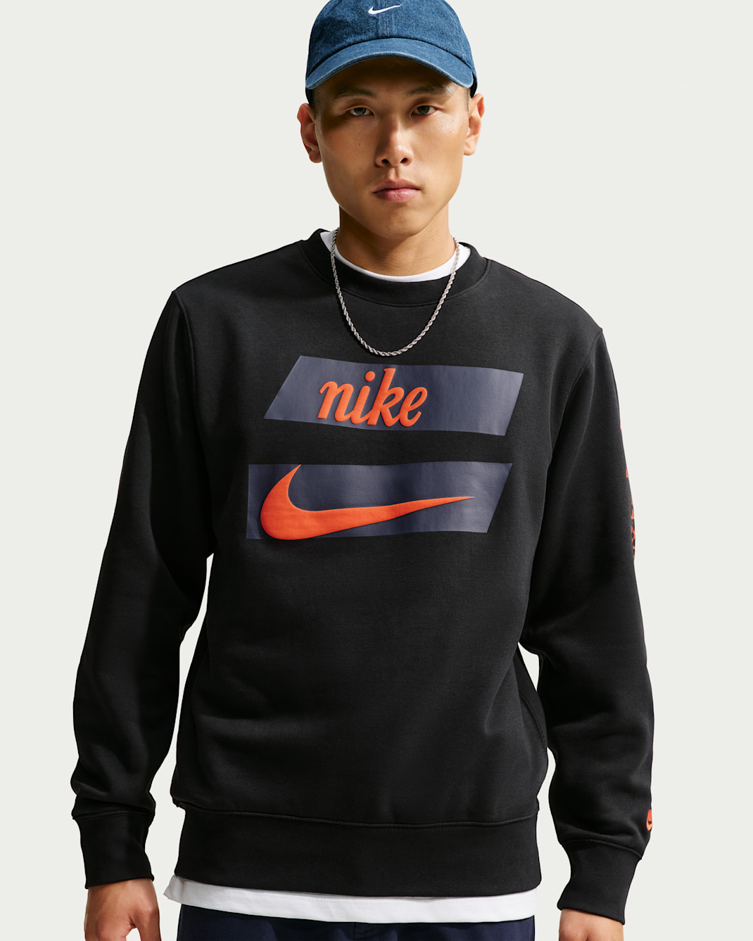 Nike Club Men's Fleece Crew-Neck Sweatshirt - Black/Safety Orange