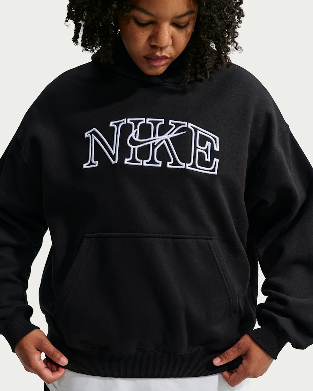 Nike Studio Fleece Medium Weight Women's Oversized Pullover Logo Hoodie - Total Black/White