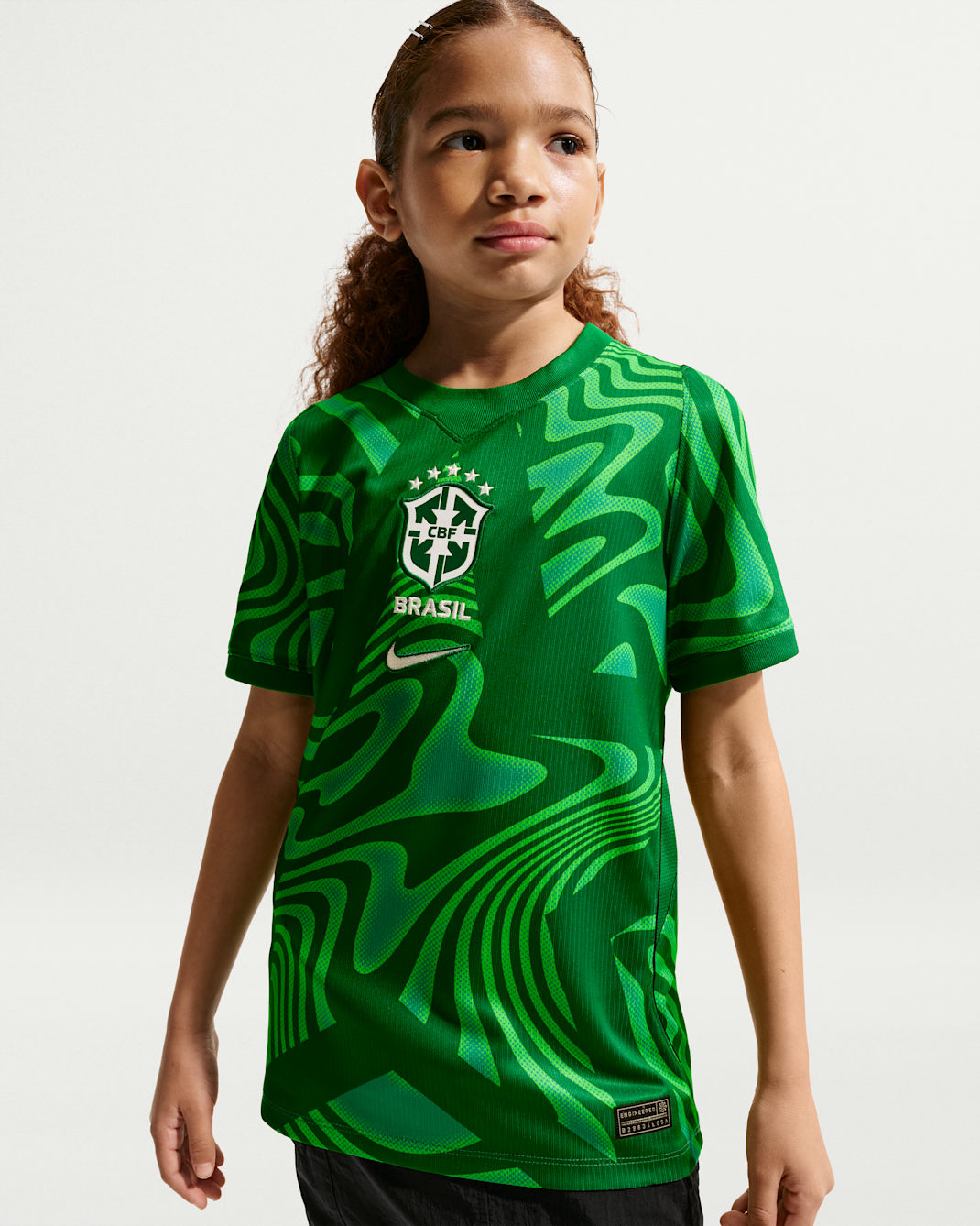 Jersey de fútbol de manga corta Nike Dri-FIT Replica de Brasil portero 2026 Stadium para niños talla grande - Verde pino/Blanco