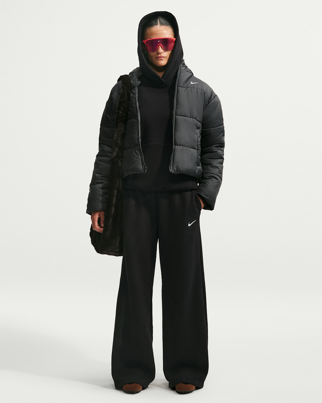 Nike Studio Fleece Medium Weight Women's Mid-Rise Wide-Leg Pants - Total Black/Sail