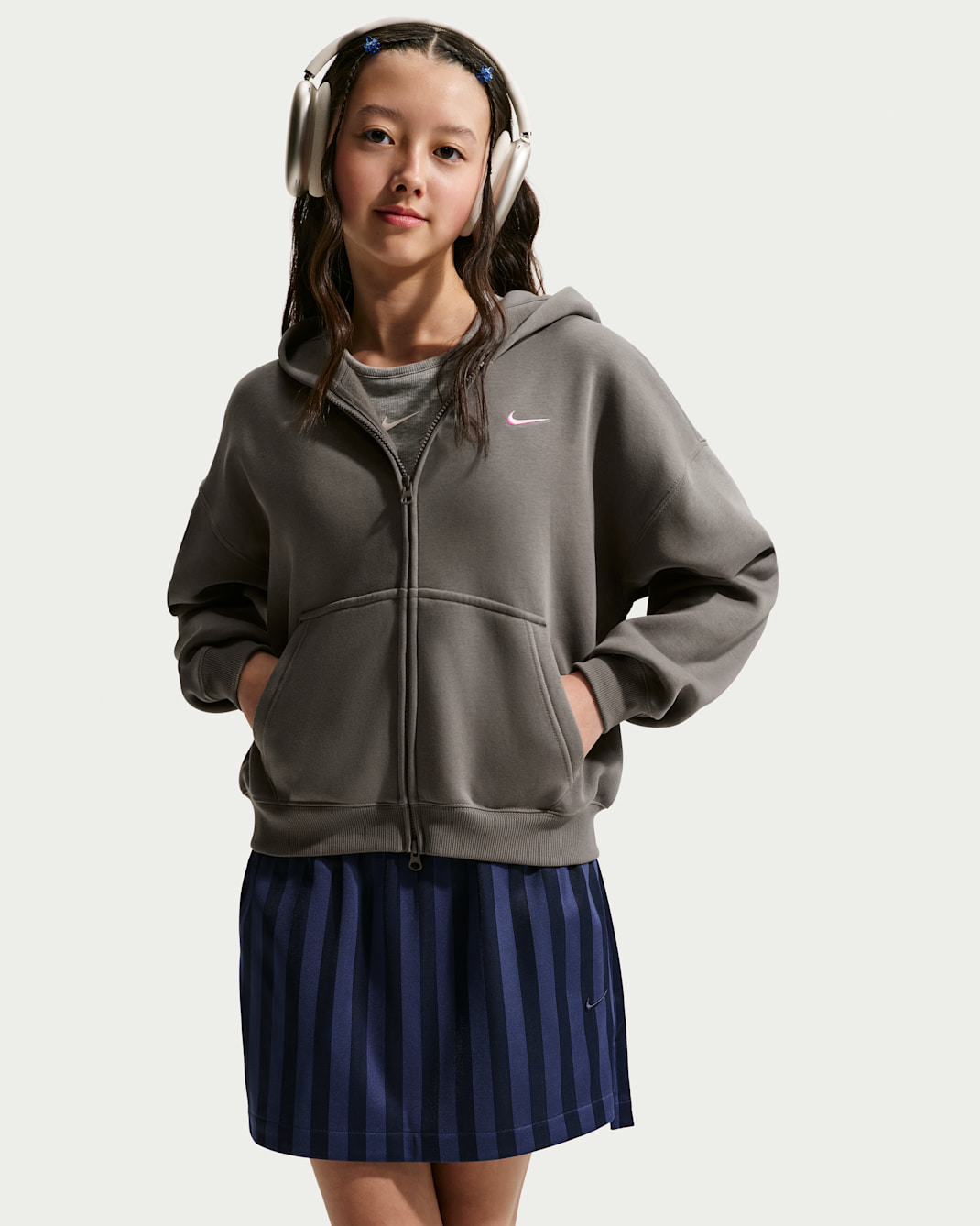 Nike Sportswear Studio Fleece Oldrr Kids' (Girls') Oversized Full-Zip Hoodie - Cave Stone/Pink Rise