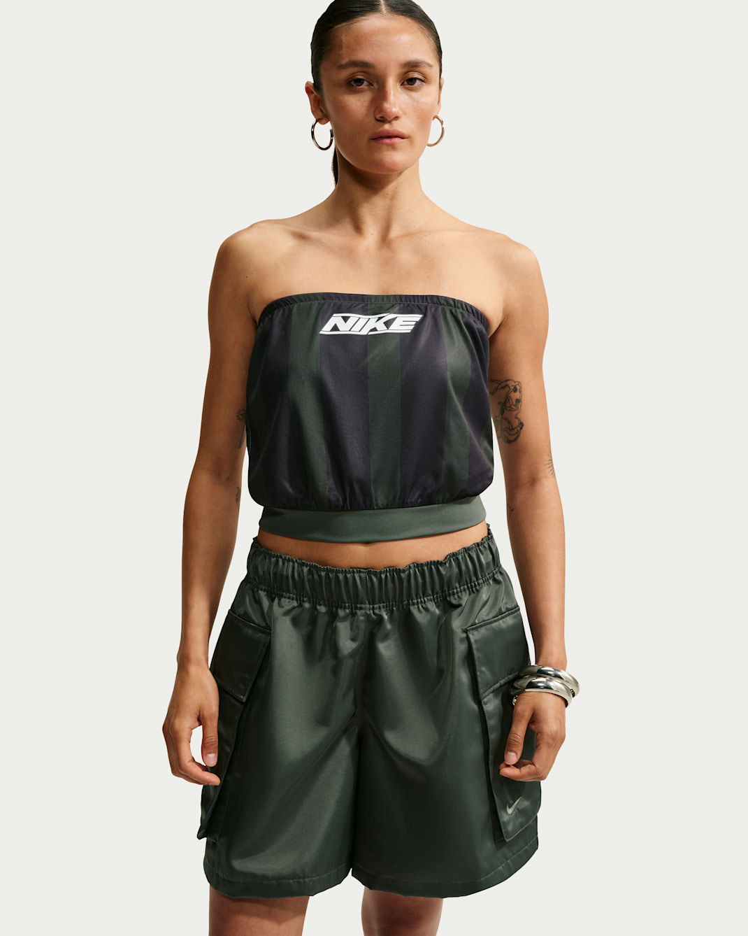 Nike Sportswear Women's Slim Striped Jersey Tube Top - Camo Green/Gridiron/White