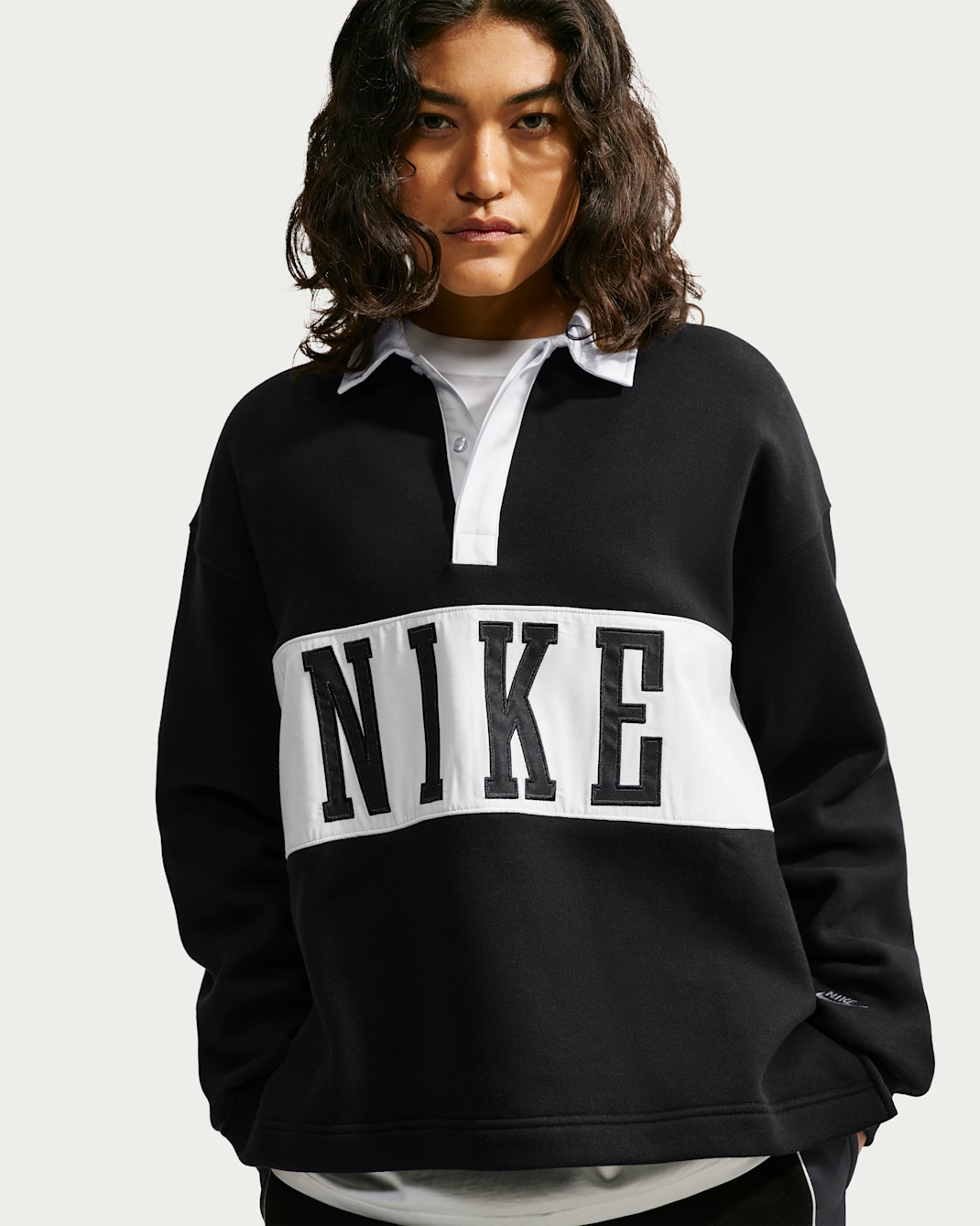 Nike Studio Fleece Medium Weight Women's Oversized Rugby Sweatshirt - Total Black/Sail/Sail