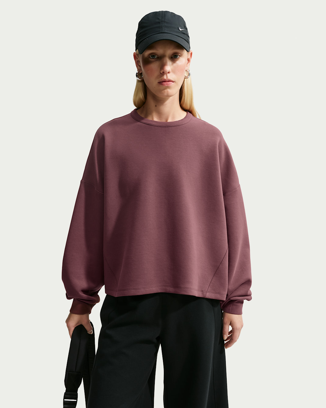 Nike 24.7 ImpossiblySoft Women's Dri-FIT Oversized Crew-Neck Top - Light Boulder/Burgundy Crush