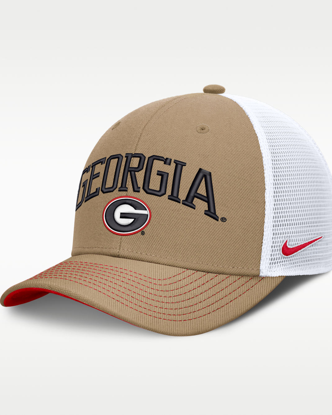 Georgia Primetime Arched Men's Nike Dri-FIT College Trucker Adjustable Hat - Classic Beige/Red