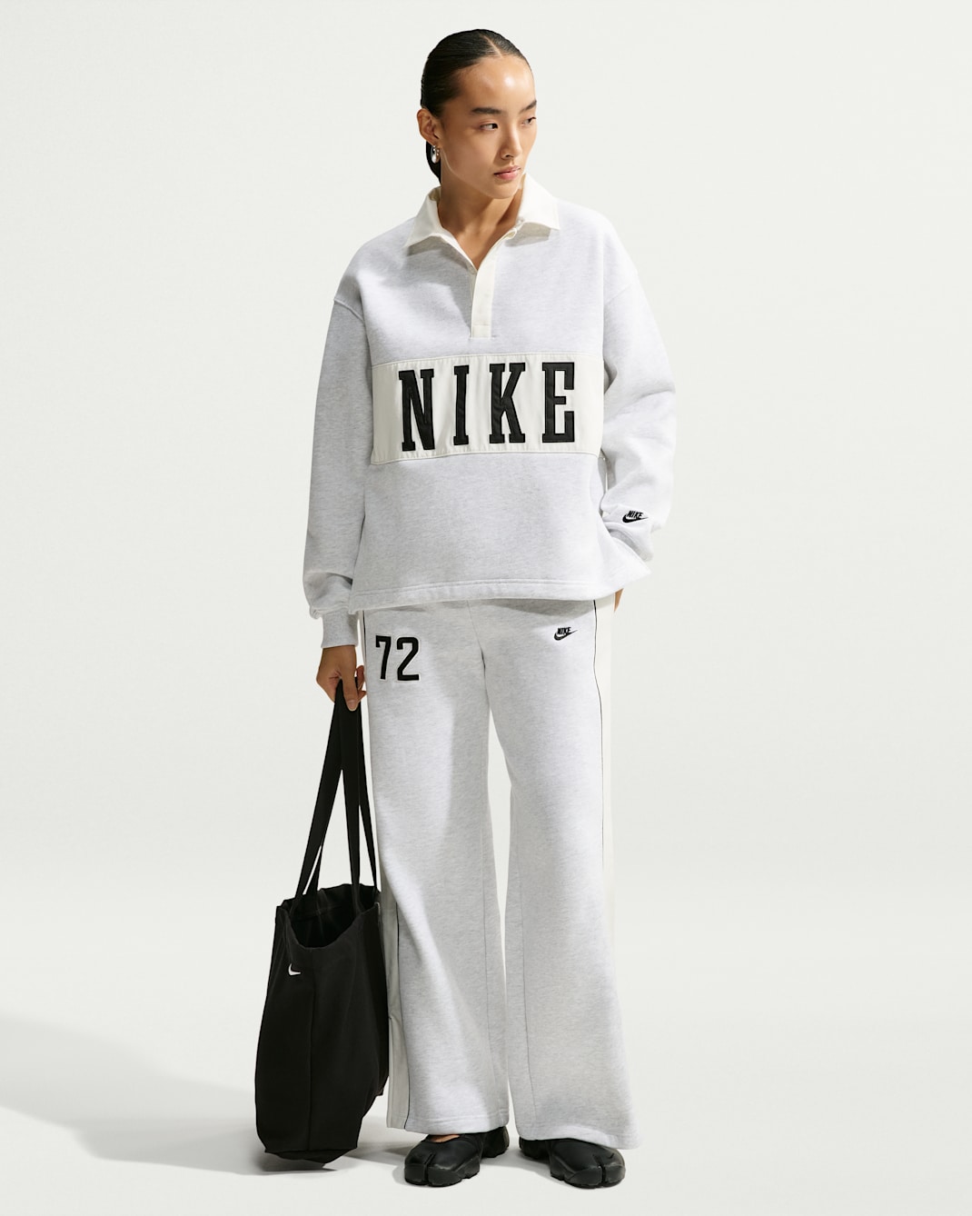 กางเกงขายาวทรงขากว้างเอวปานกลางผู้หญิง Nike Studio Fleece น้ำหนักปานกลาง - Birch Heather/ดำ