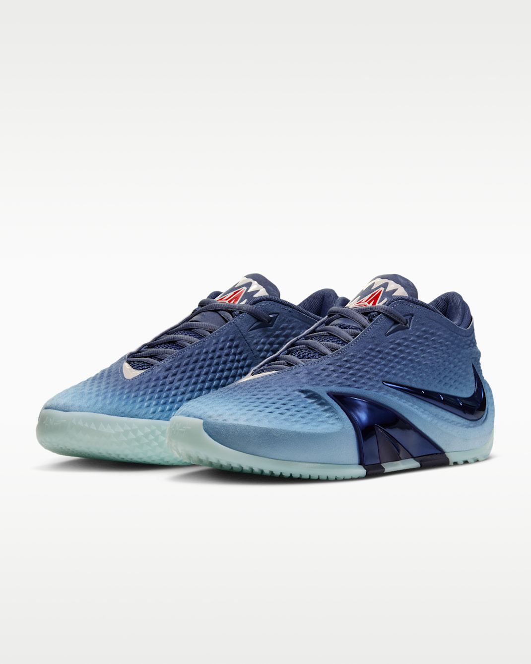Nike Ja 4 Jaws Deep Water JA9742-400 hero image showing ocean-themed gradient blue upper shark teeth tongue graphic and red triangle logo