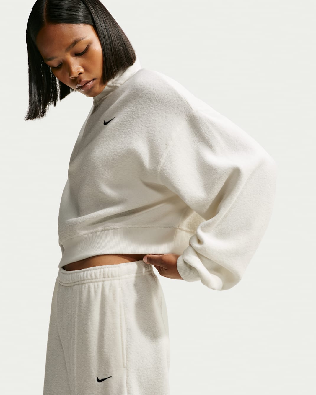 Nike Studio Fleece Medium Weight Plush Women's Oversized 1/4-Zip Cropped Top - Sail/Black