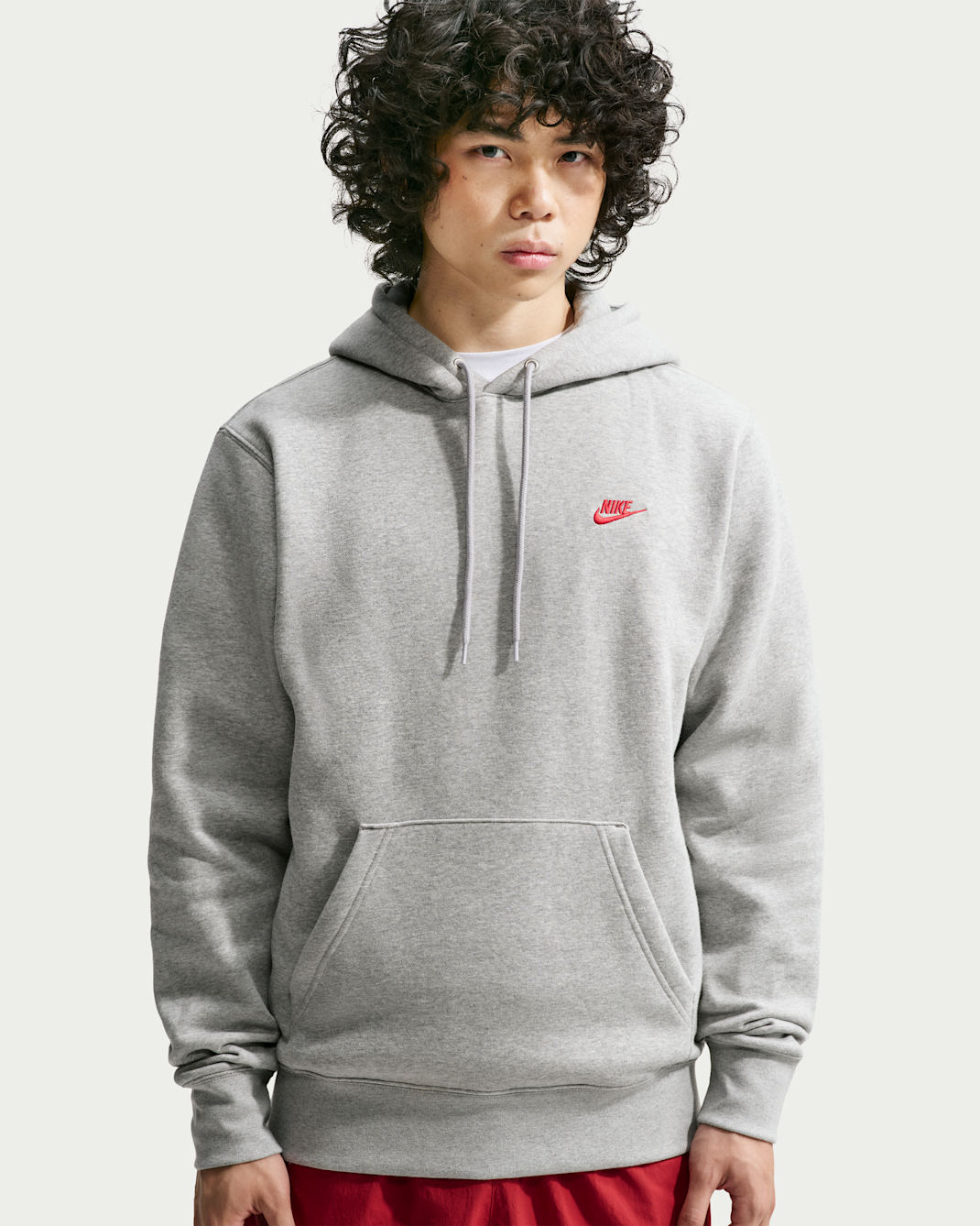 Nike Club Men's Pullover Fleece Hoodie - Dark Grey Heather/Light Smoke Grey/University Red