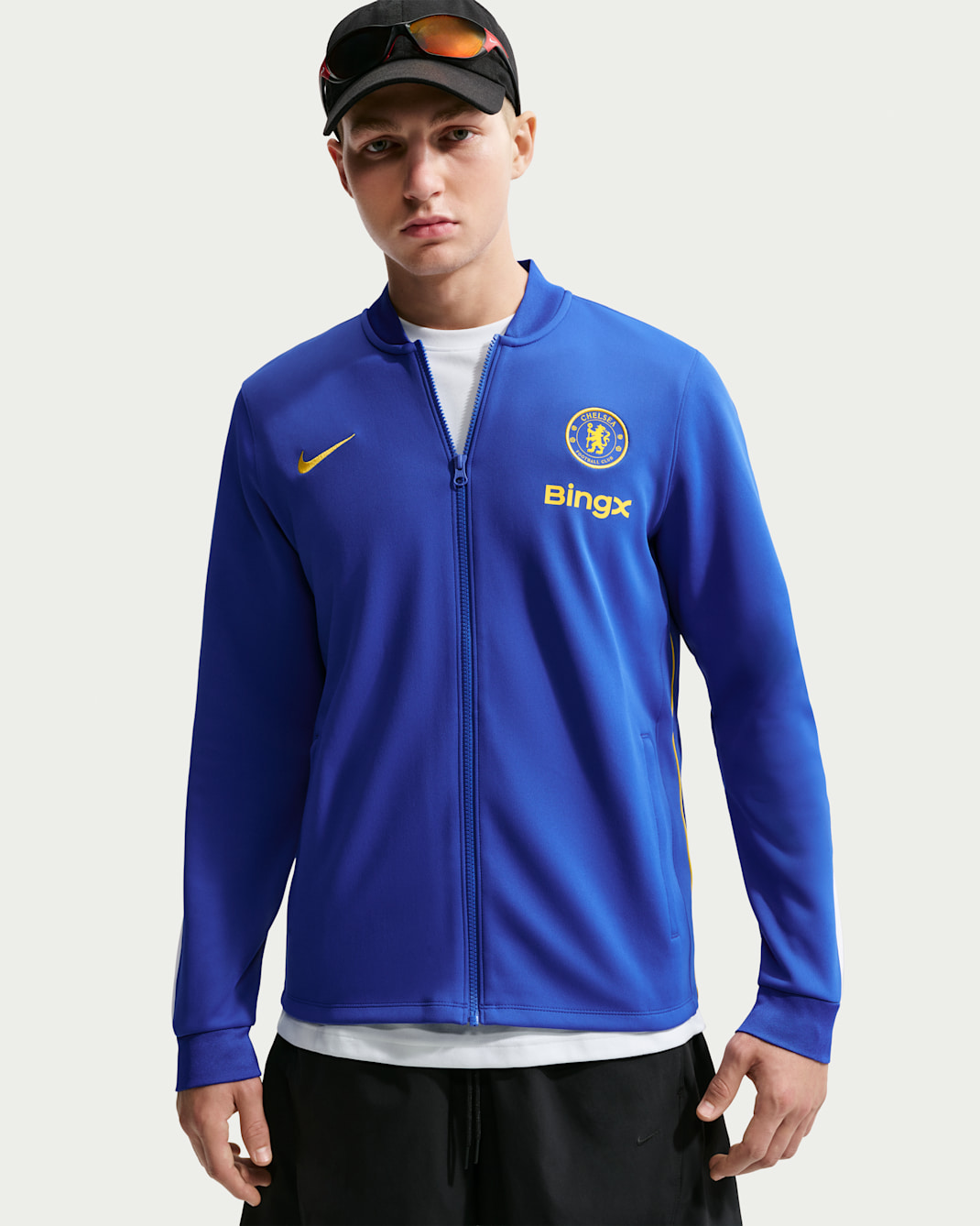 Chelsea FC Strike Men's Nike Dri-FIT Soccer Knit Track Jacket - Bright Blue/White/Midwest Gold/Midwest Gold