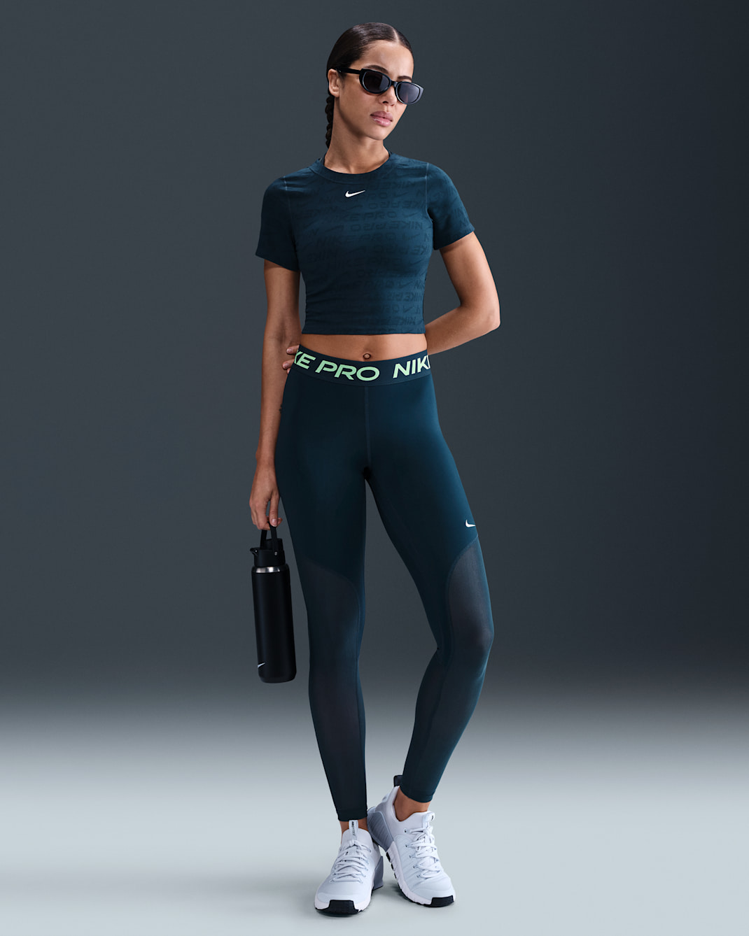 Nike Pro Women's Mid-Rise Full-Length Mesh-Paneled Leggings - Armory Navy/Barely Volt/White