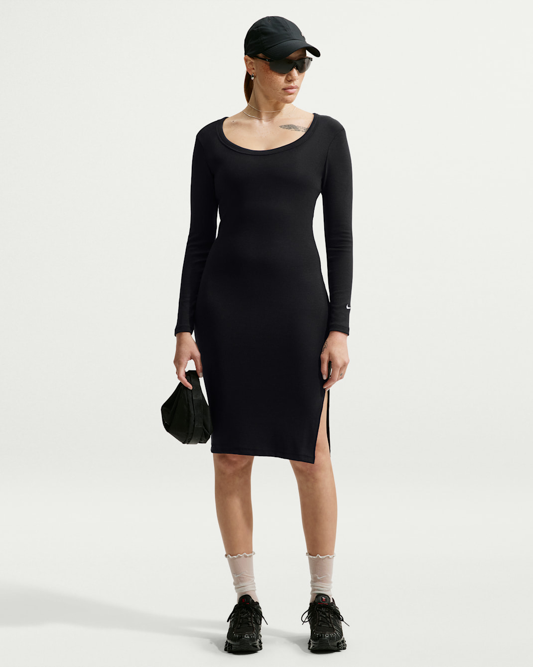 Nike Sportswear Chill Knit strakke midi-jurk met mini-ribbels en lange mouwen - Zwart/Sail