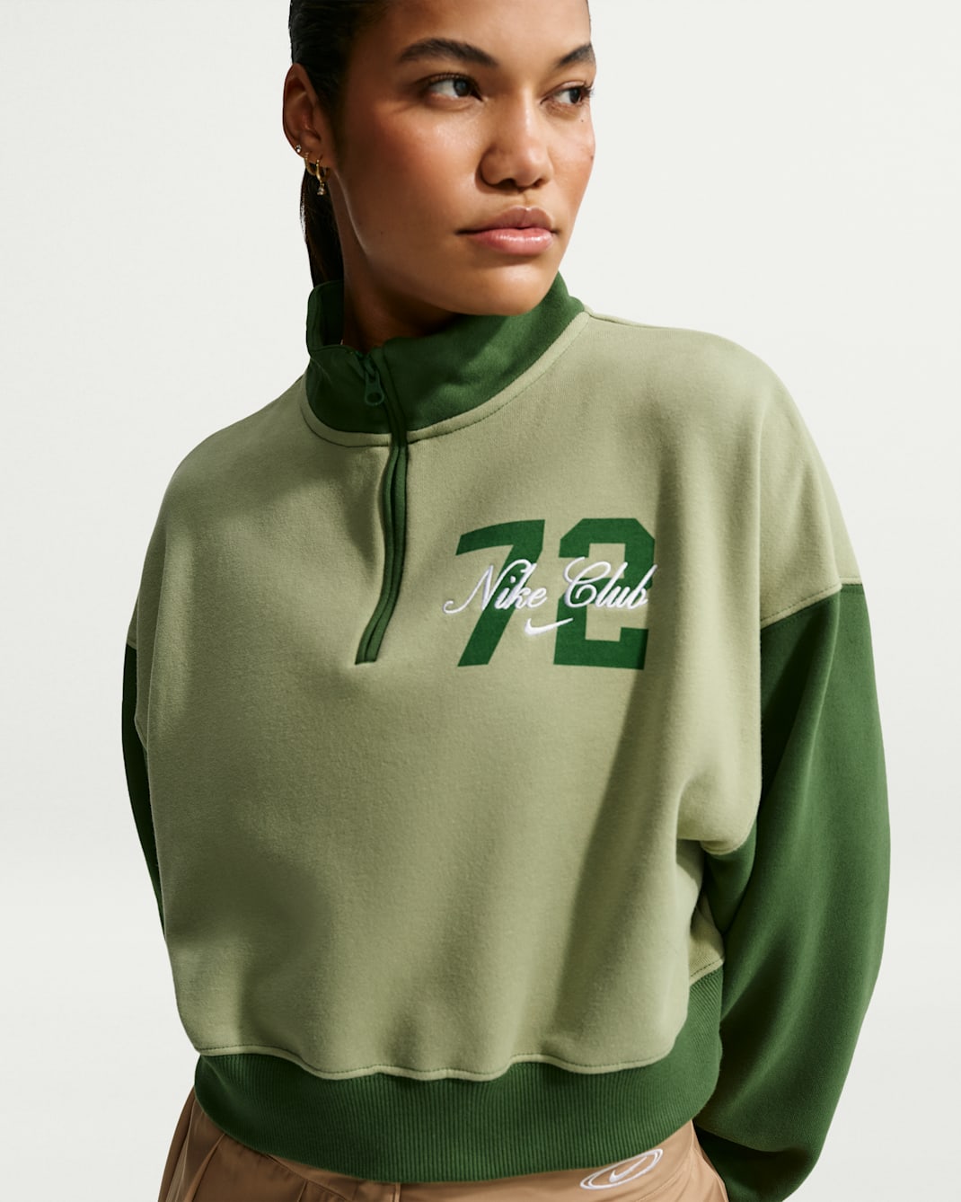 Haut court oversize à 1/4 de zip Nike Studio Fleece Medium Weight pour femme - Oil Green/Forest Green