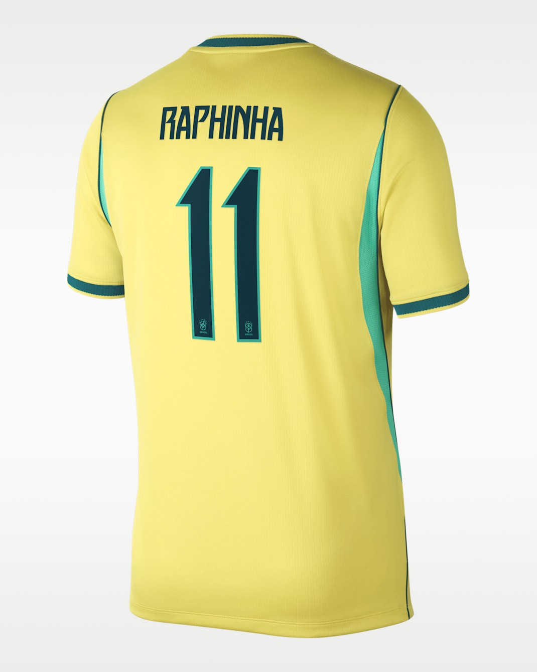 Raphinha Brazil National Team 2026 Stadium Home Men's Nike Dri-FIT Soccer Jersey - Canary/Light Menta/Geode Teal