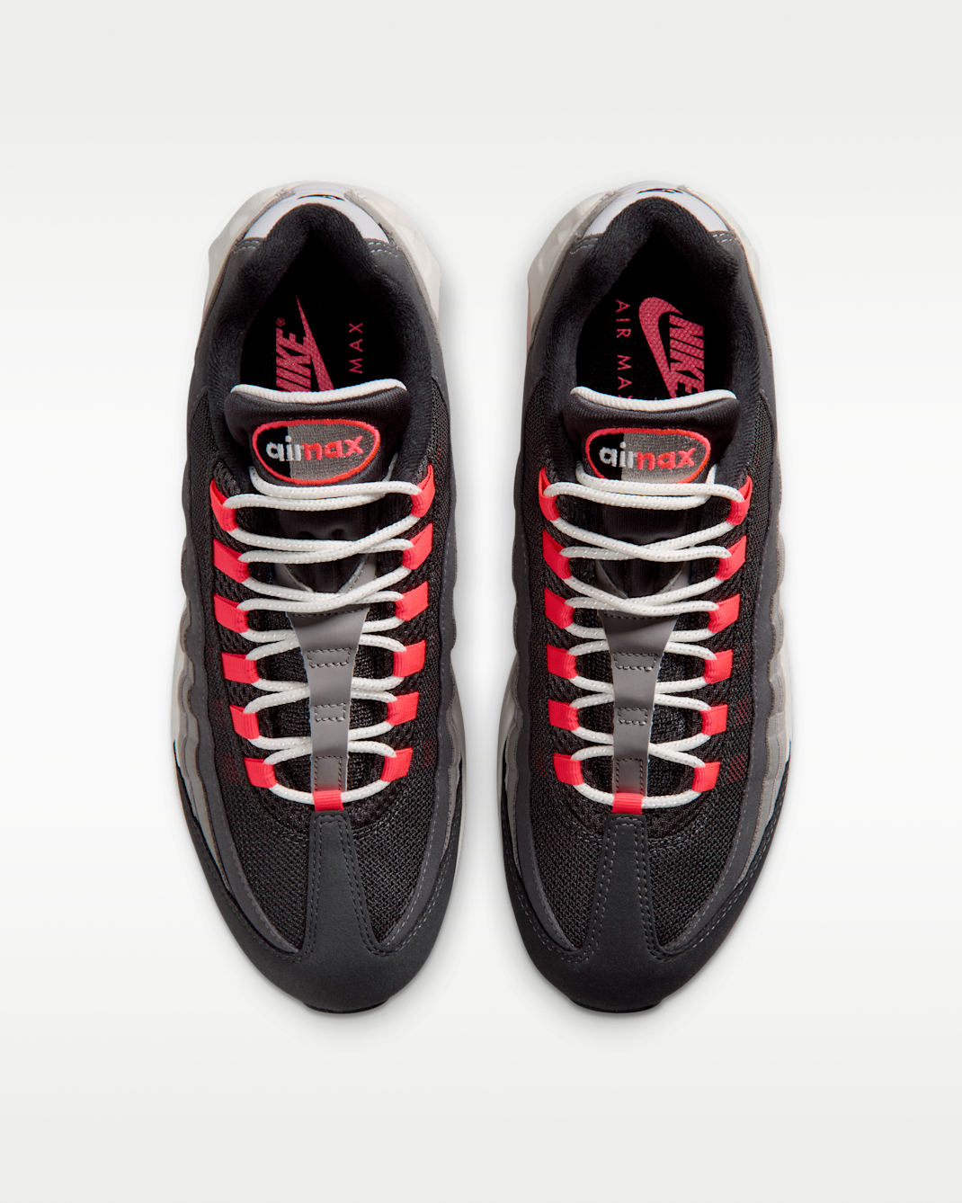 Nike Air Max 95 Reverse Solar Red top view showing Solar Red nylon lace loops and Air Max tongue branding