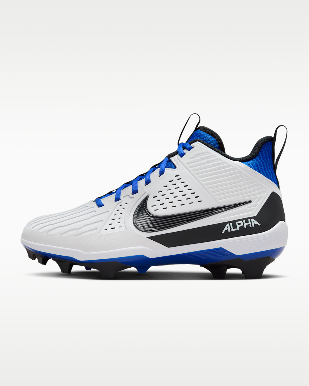 Tacos de fútbol americano para hombre Nike Alpha Menace Strong - Blanco/Hiperroyal/Gris humo oscuro/Negro