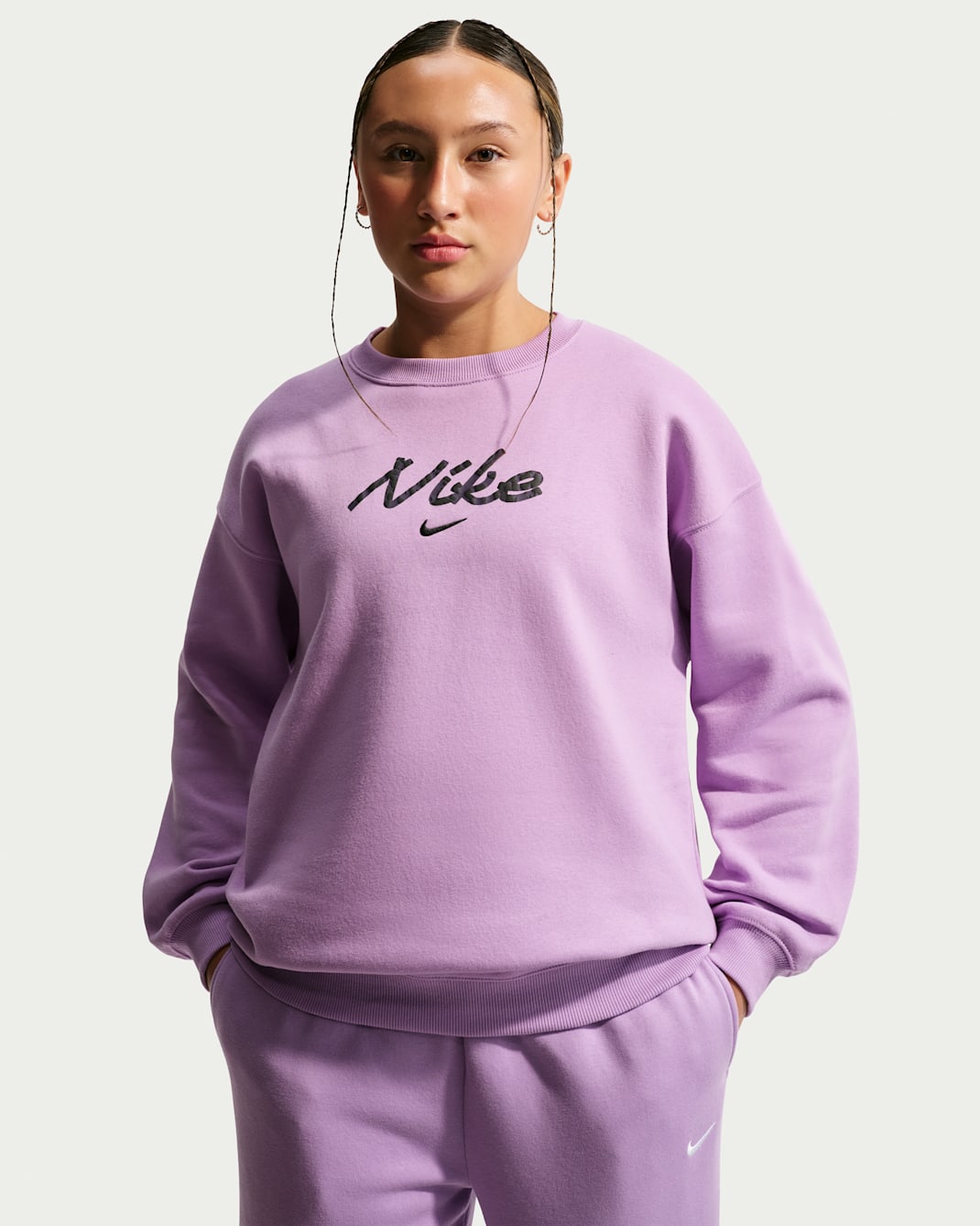 Oversized Nike Sportswear Studio Fleece-sweatshirt med rund hals til større børn (piger) - Violet Star