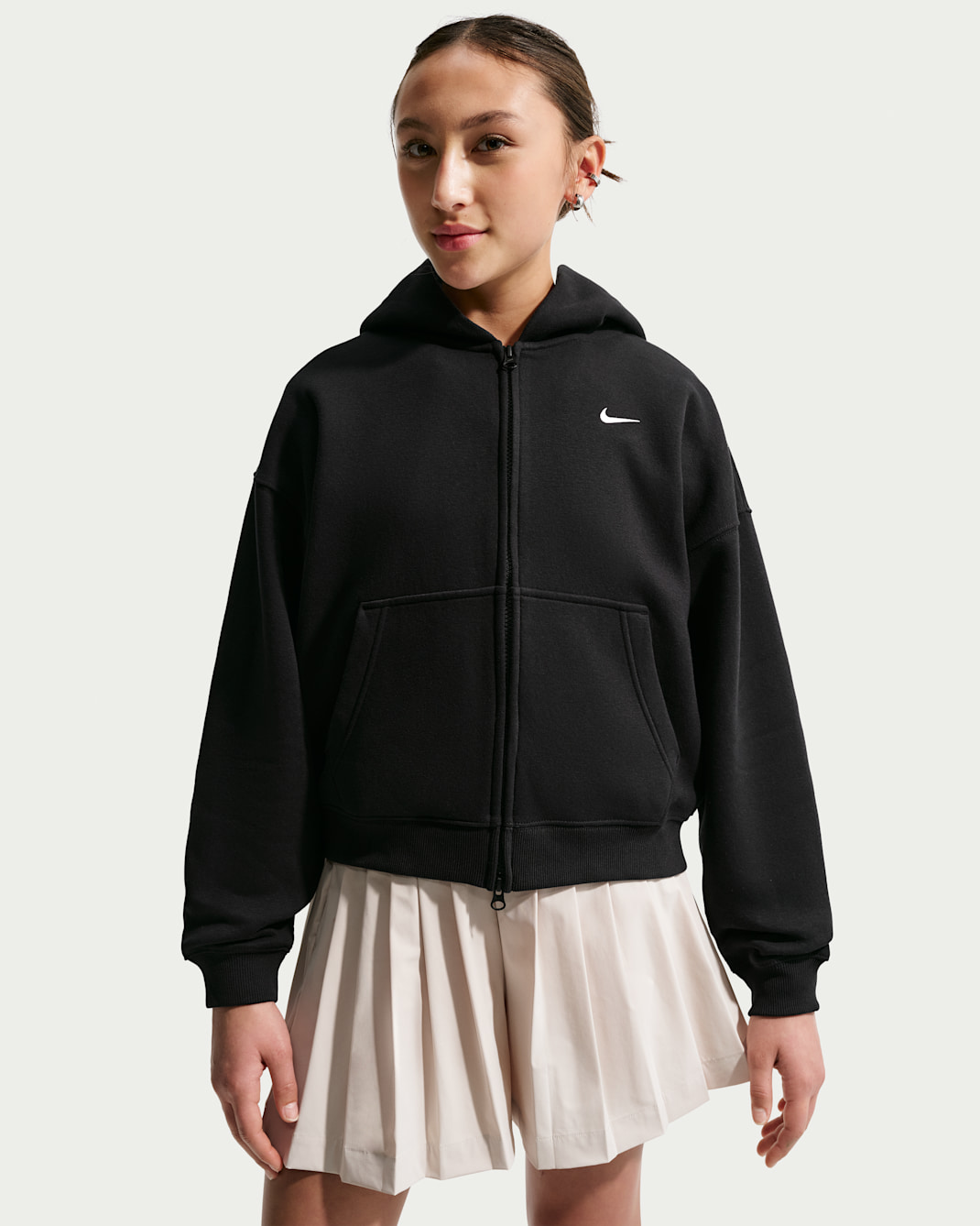 Oversized Nike Sportswear Studio Fleece-hættetrøje med lynlås i fuld længde til større børn (piger) - sort/hvid