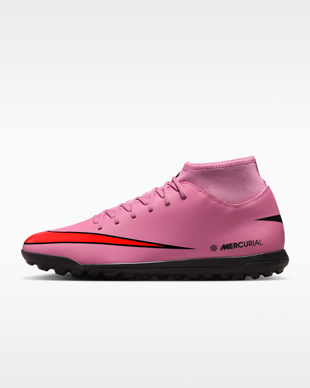 Tacos de fútbol para pasto sintético (turf) de corte high Nike Mercurial Superfly 10 Club - Flamenco mágico/Carmesí total/Negro