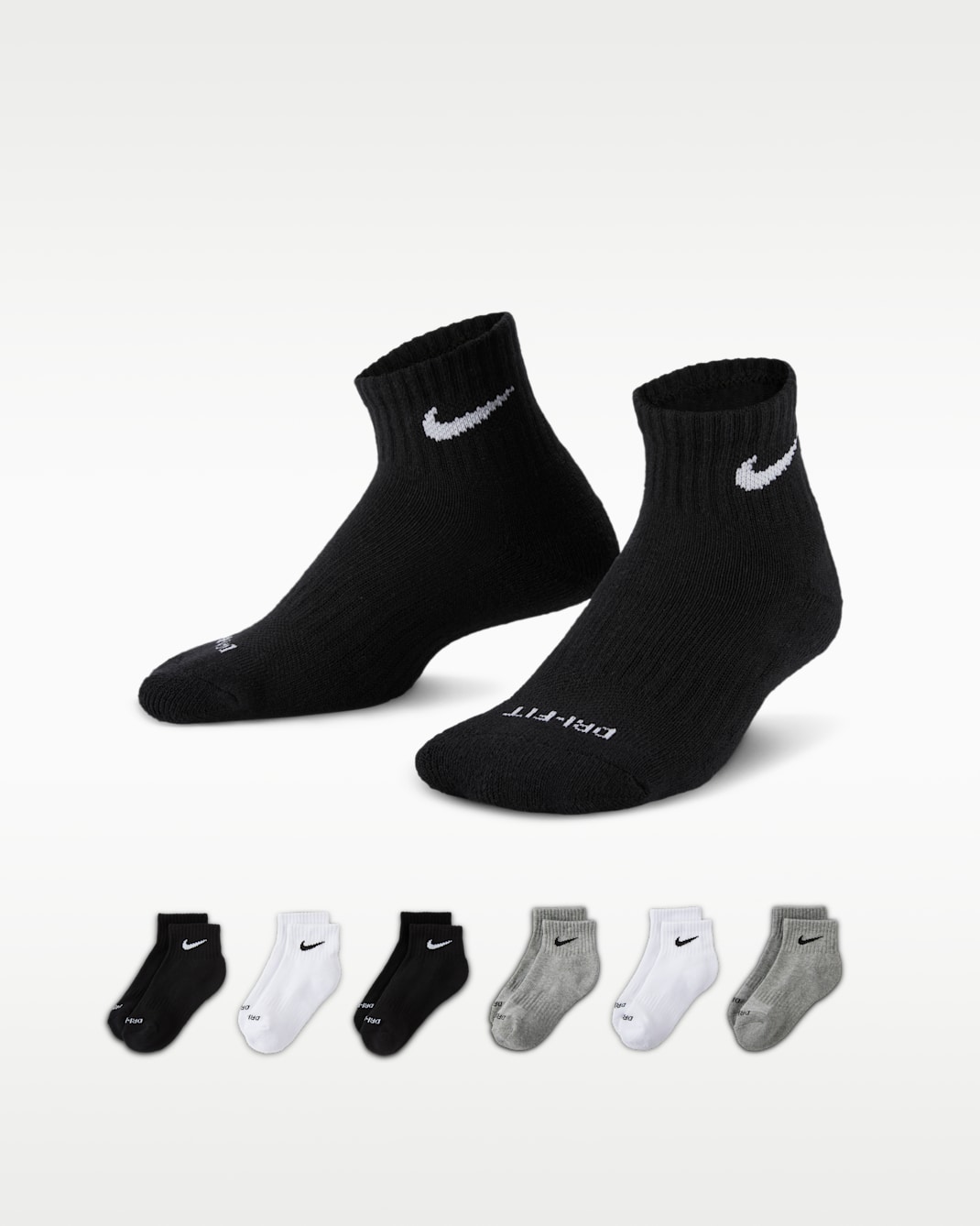 Calcetines de 1/4 para preescolar (6 pares) Nike Dri-FIT Performance Basics - Gris oscuro jaspeado/Negro
